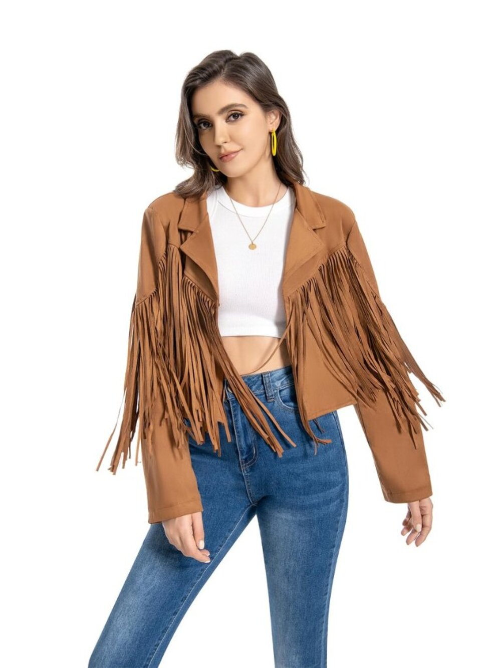 Fringe Jacket, Western Cowgirl Faux Suede Leather Jacket Tassel Crop Moto Top
